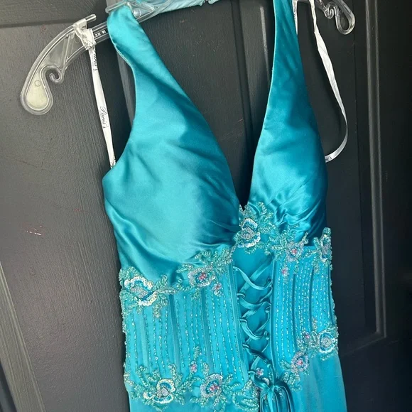 Turquoise Blue Silk Corset Halter Evening Prom Gown - Picture 6 of 16